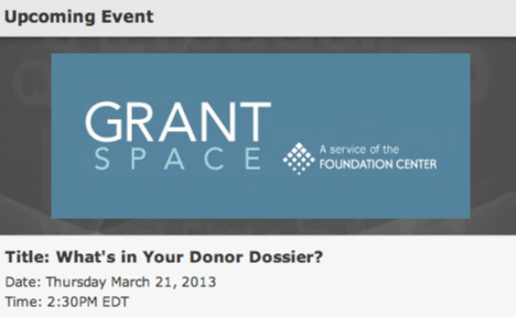 GrantSpace logo and title of prospect research chat, "What's in Your Donor Dossier?"